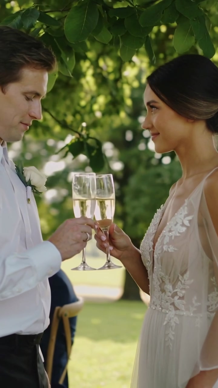Vertical video: Raising flutes, couple clinking for toast at reception, lace dress, boutonniere