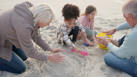 girls, playing and grandparents with beach sand