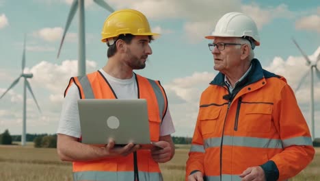 two wind farm engineers discussing data on a laptop on-site