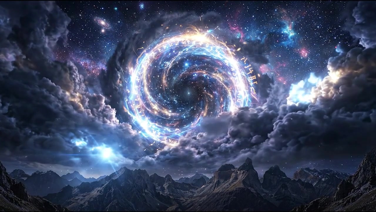 Swirling blue cosmic portal surrounded by stars clouds and luminous energy