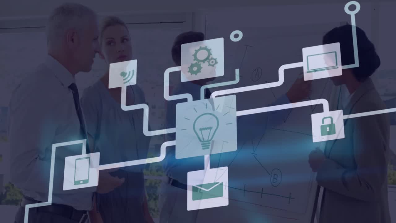 animación de conexiones con iconos y procesamiento de datos sobre personas de negocios