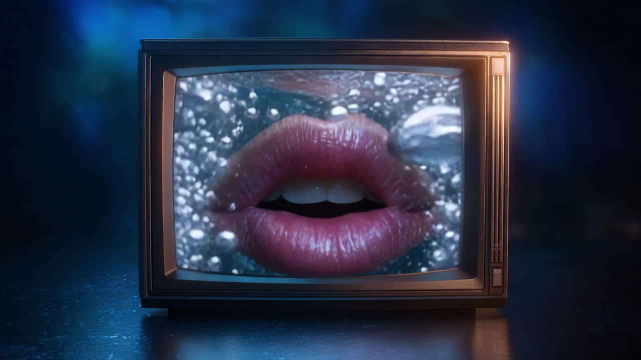 Una rappresentazione artistica di labbra sott'acqua in uno schermo televisivo vintage, che cattura la bellezza eterea del movimento e del colore in un'esperienza visiva unica.