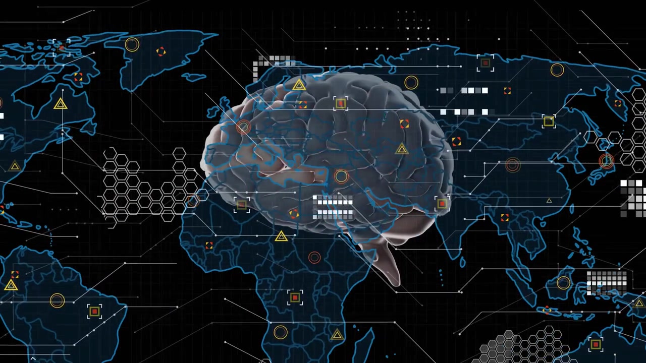 3D brain model rotating and HUD icons materializing after map expansion driving data integration