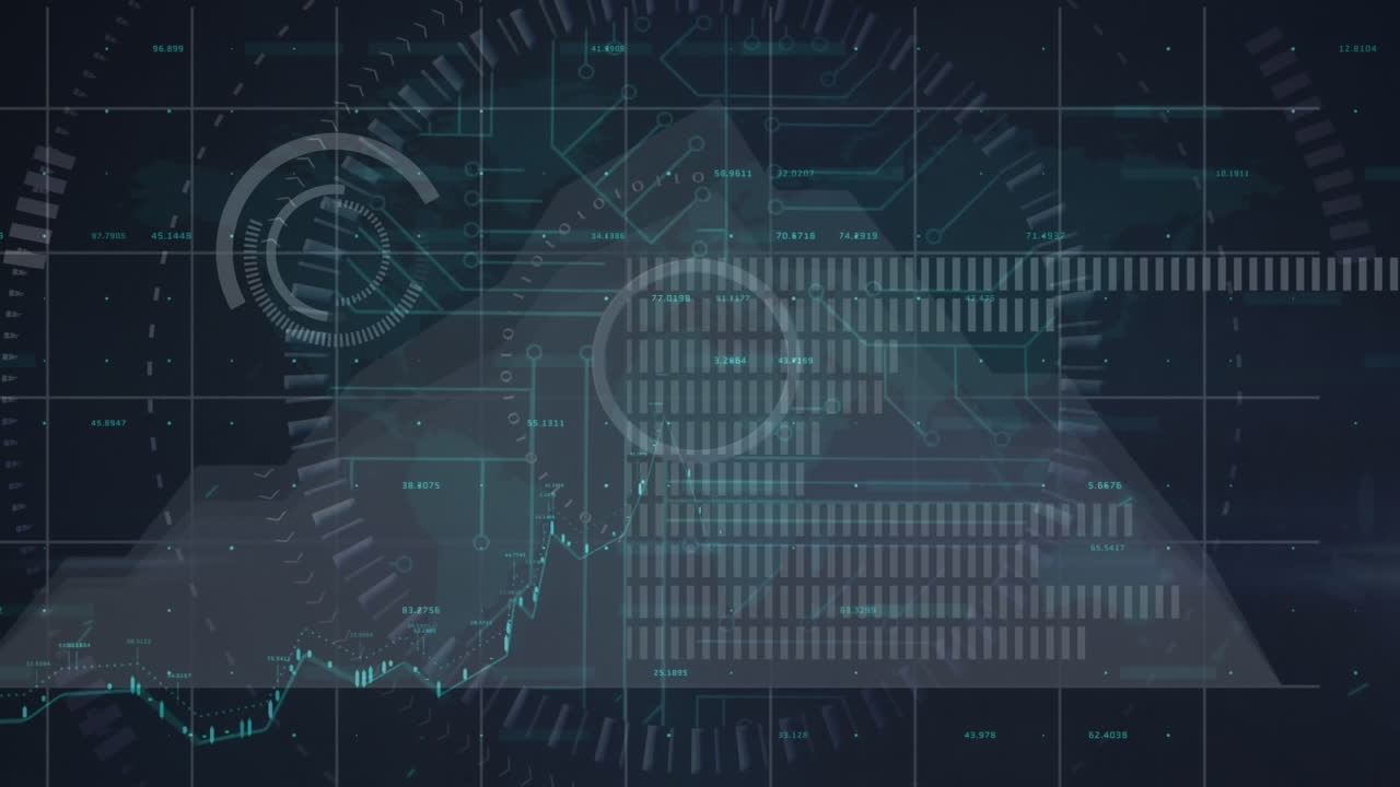 Animation of diverse data and graph on dark screen