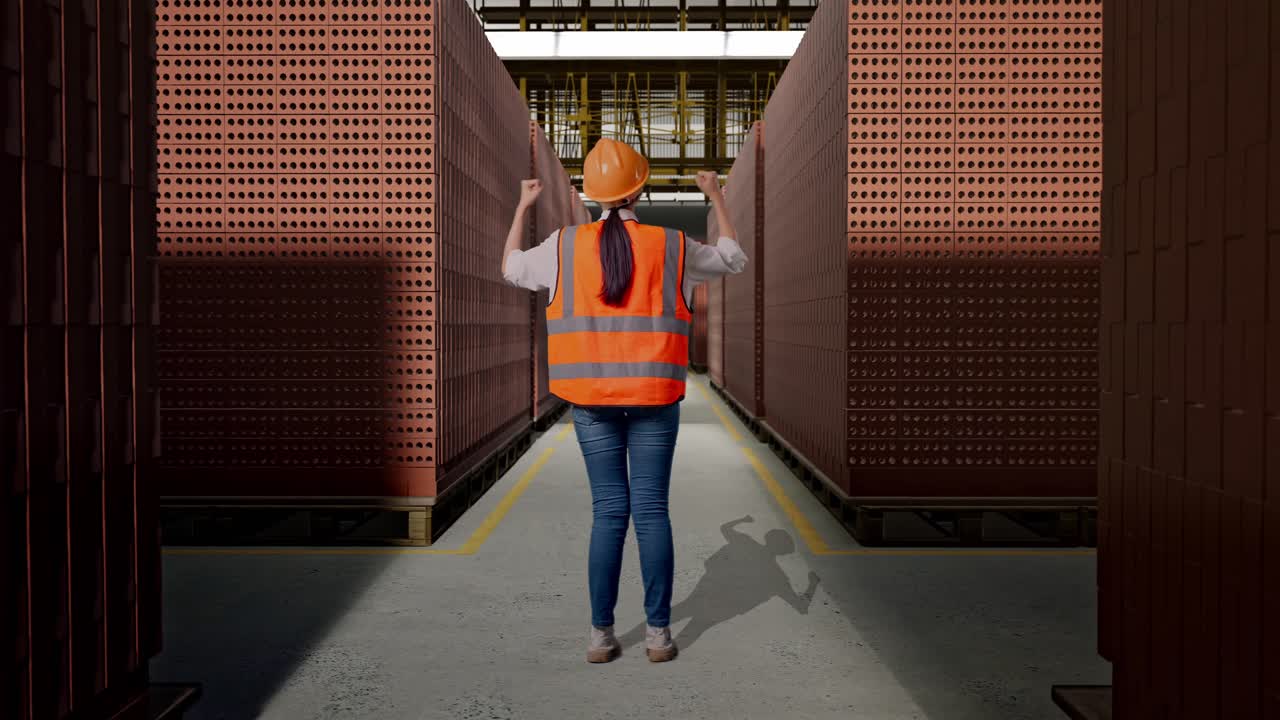Full Body Back View Of A Female Engineer With Safety Helmet Raising Her Hands Celebrating While Working With Red Brick Packed in Stacks Are Stored