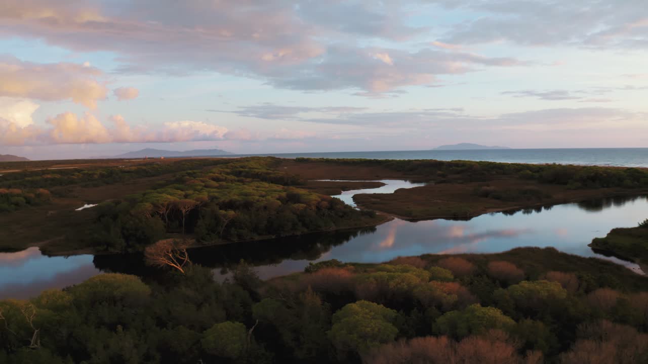 Aerial drone flight above a pine tree forest, a water lagoon and the beach in the iconic Maremma Nature Park in Tuscany, Italy, with a red cloud sky at sunset coloring the pines in beautiful colors
