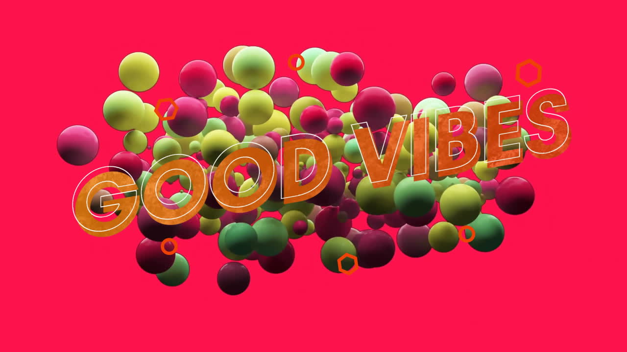 Floating cluster of multicolored 3D spheres gliding over pink backdrop, displaying GOOD VIBES text