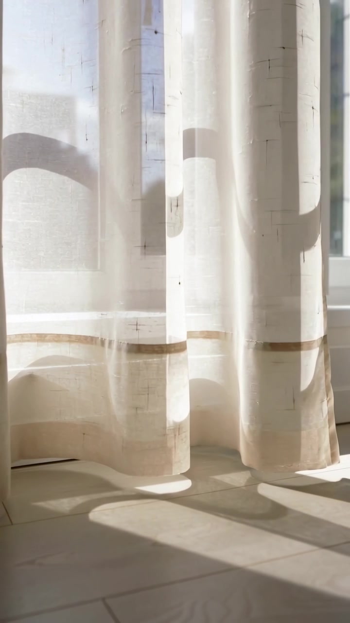 Vertical video: Swaying sheer curtain panels from mild breeze at window, sunlight patches shifting