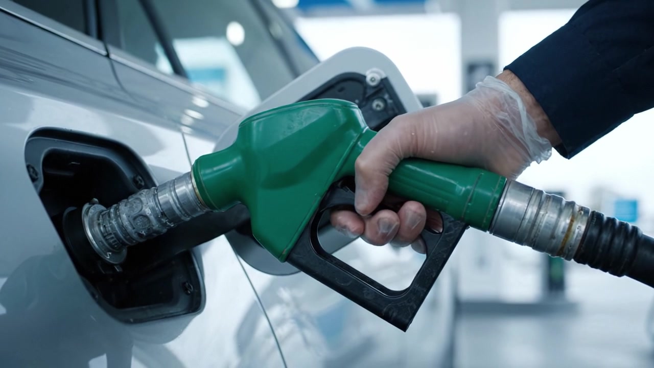 Una mano che tiene una pistola erogatrice verde a una stazione di servizio, mentre fa rifornimento a un veicolo con benzina, evidenziando il processo di rifornimento e il consumo energetico.