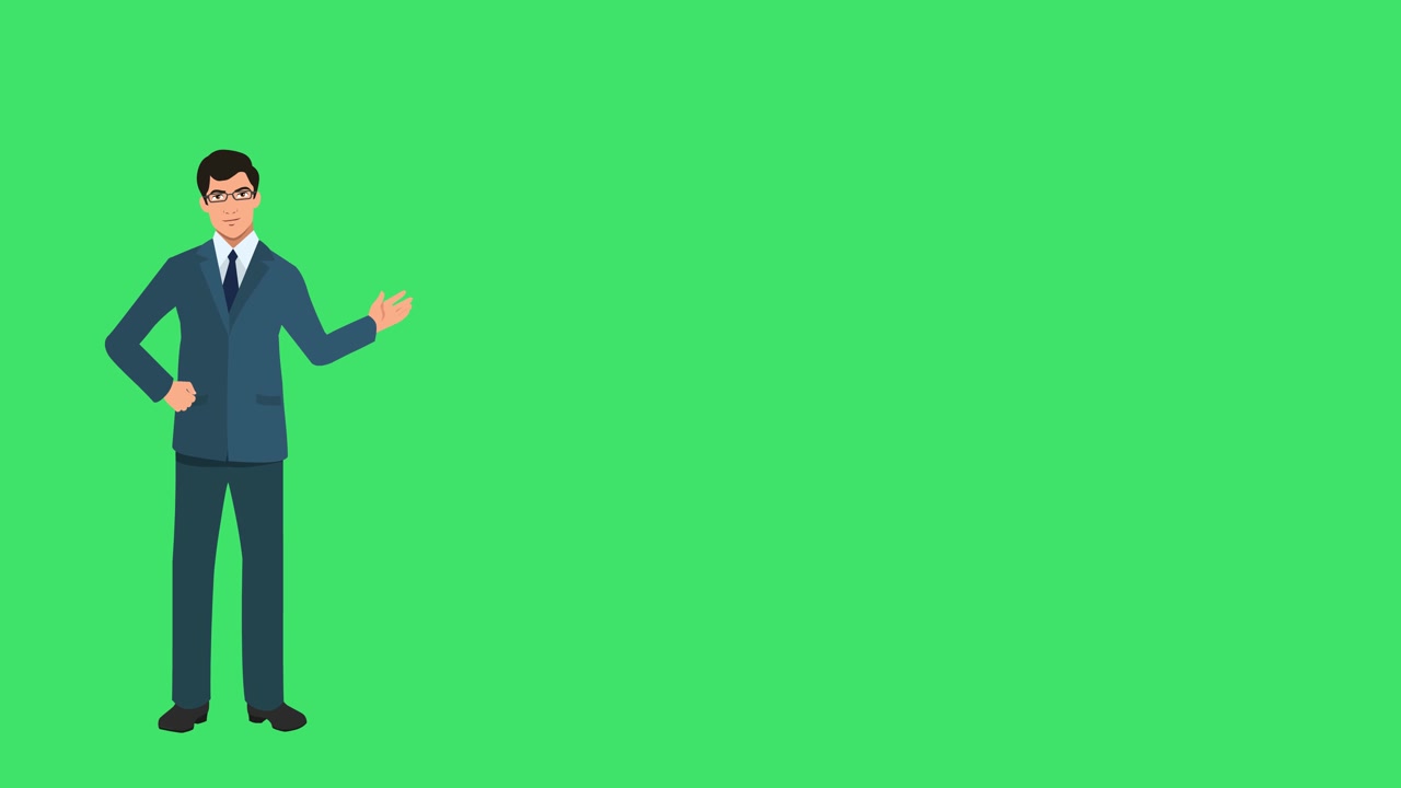Business Man or Trainer or Team Leader Infographic Animation Cartoon presenting or Gesturing Hands to the Left on a Green Screen Background