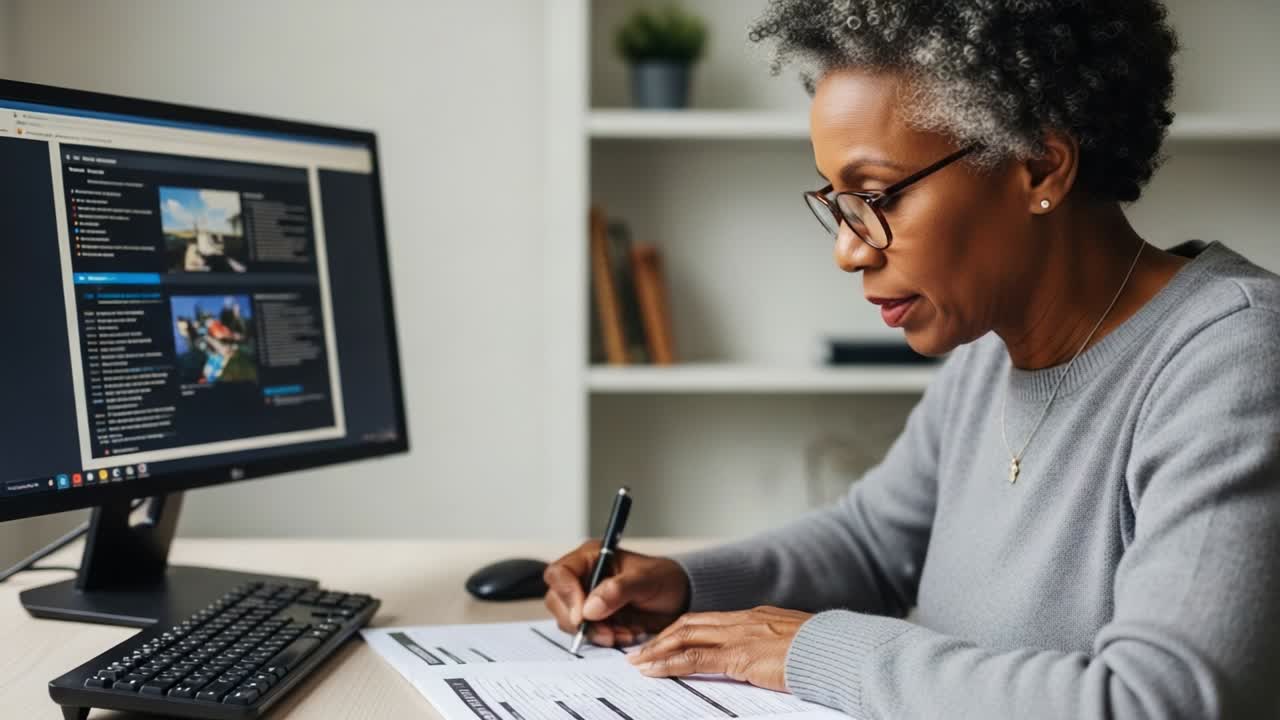 Persona concentrata, impegnata in un'attenta attività di scrittura e interazione digitale mentre usa un computer, bilanciando la tecnologia moderna con la documentazione cartacea in un ambiente di lavoro accogliente