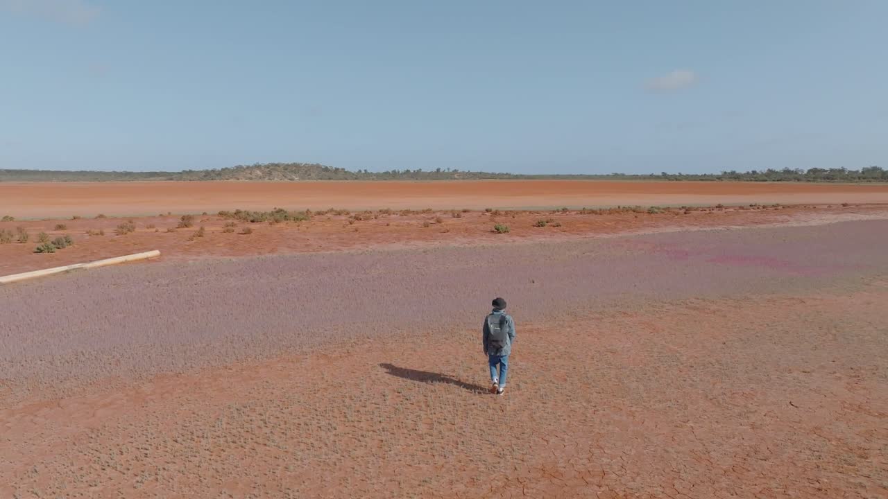 A lone person walks across a vast, arid reddish landscape