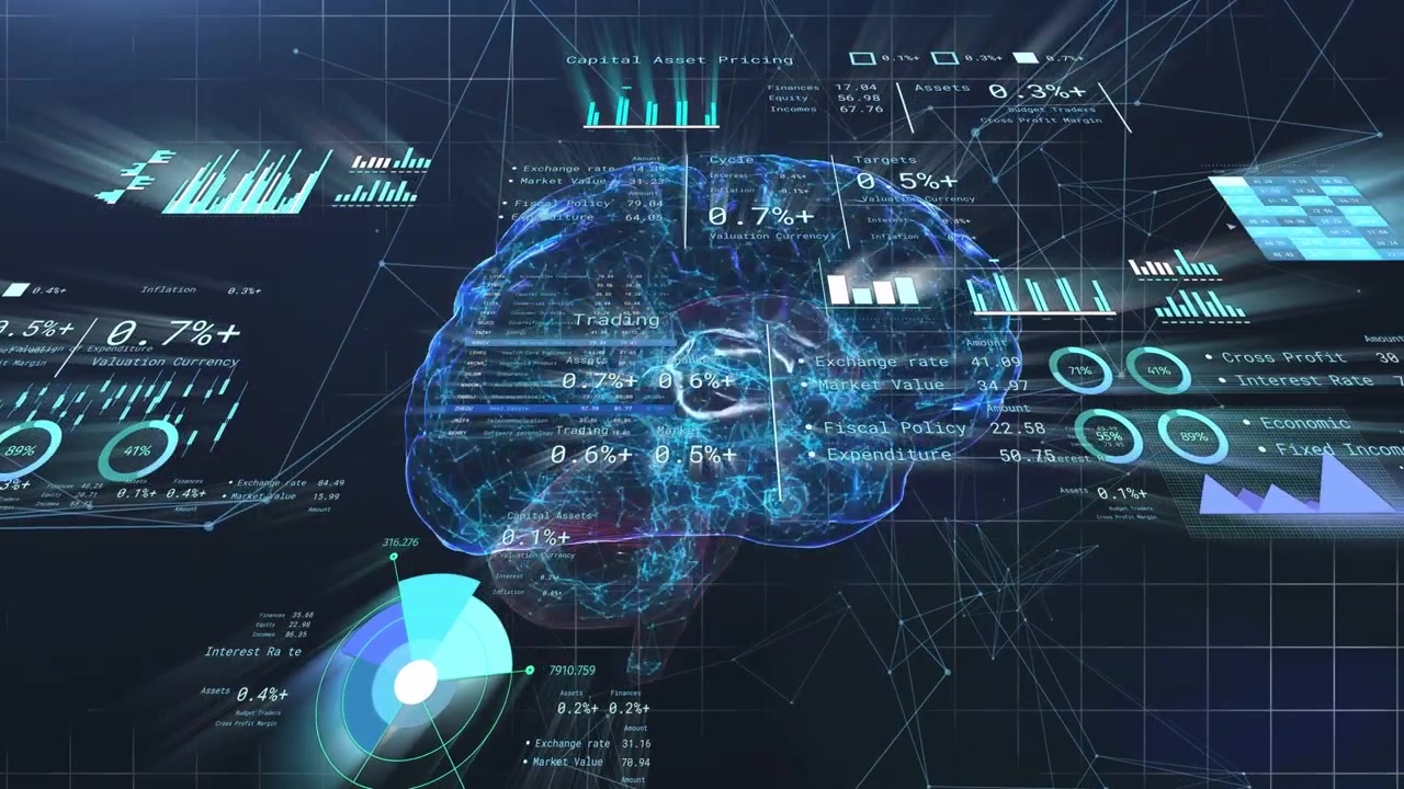 Data updates arriving, 3D brain rotating and pulsing, HUD widgets sliding in showing metrics