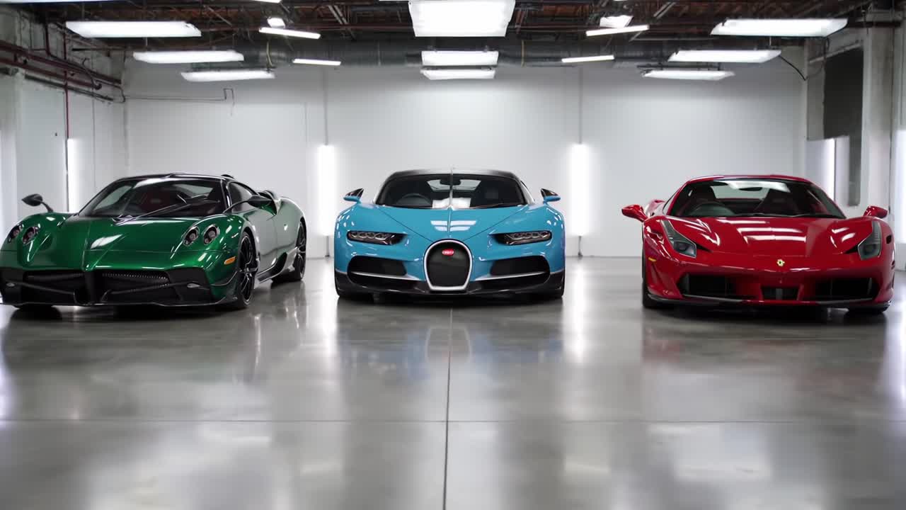 A Stunning Showcase of High-Performance Supercars in a Sleek, Modern Garage Setting with Striking Colors and Luxurious Designs Highlighted