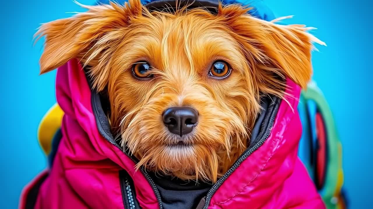 A small dog wearing a pink jacket in the snow