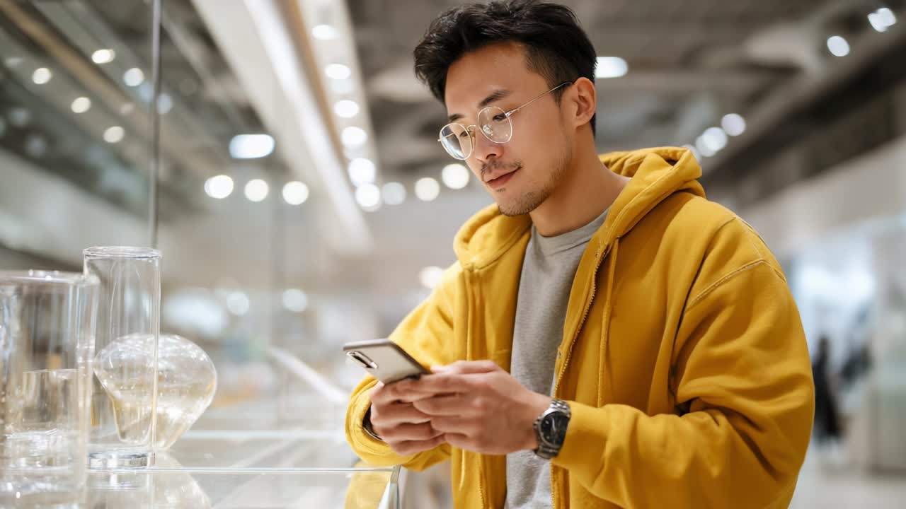 A young man in a bright yellow hoodie stands in a modern store, focused on his smartphone in hand while surrounded by elegant glassware, showcasing contemporary lifestyle and technology usage