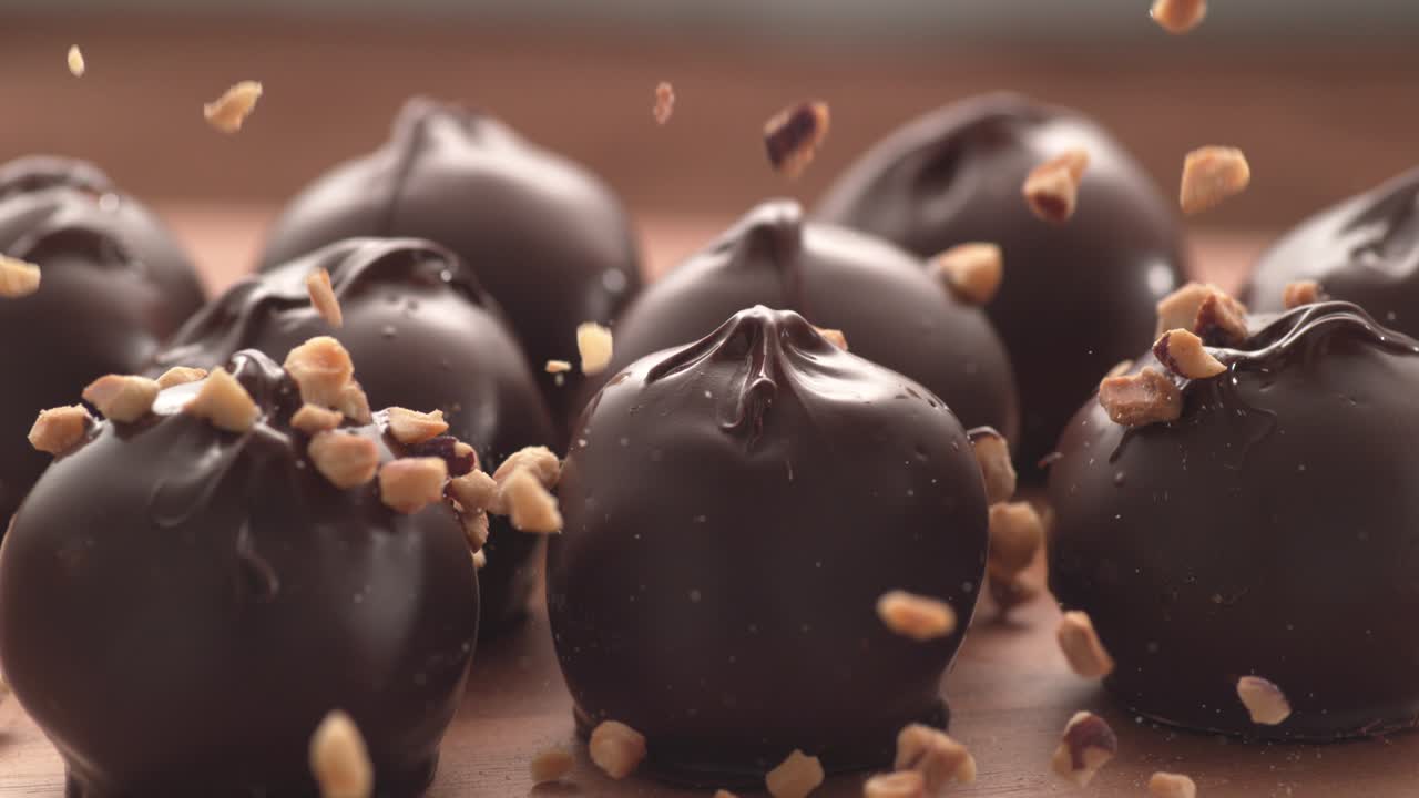 Nuts falling onto chocolate truffles in super slow motion.