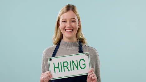 Happy-woman,-hiring-sign-and-job-offer-with-face