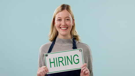 happy woman, hiring sign and job offer with face