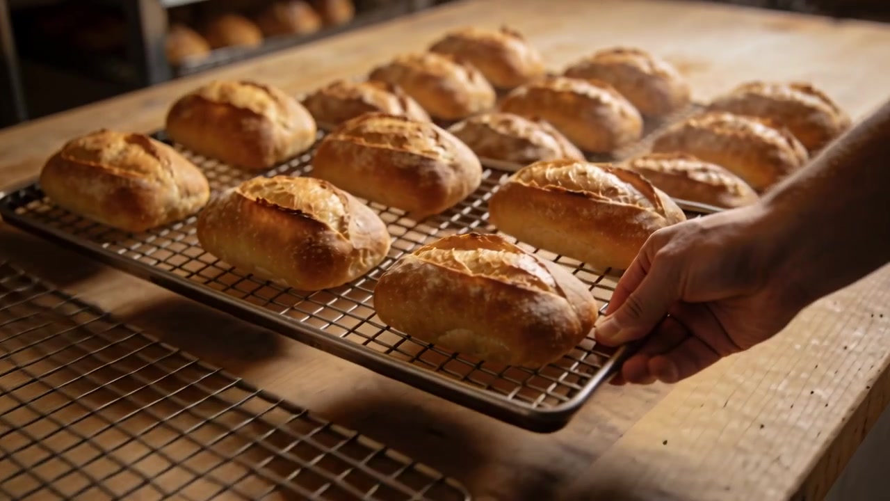 Lifting baker hands entering right, sliding upper rack onto wooden bench at bakery, exposing loaves