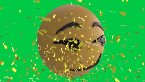Animation-of-happy-emoji-icon-over-confetti-falling-on-green-background