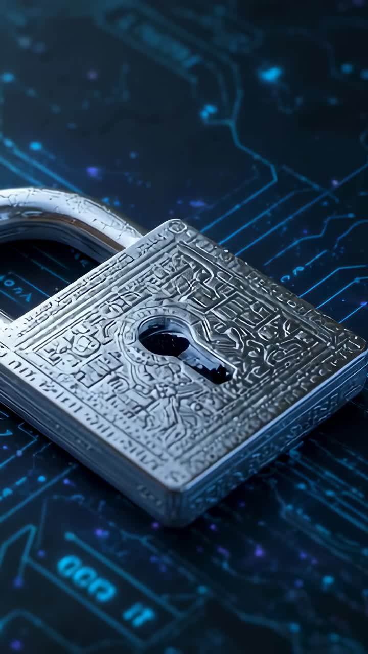 Vertical video: At start camera rotating around metal padlock on circuit board, highlighting traces