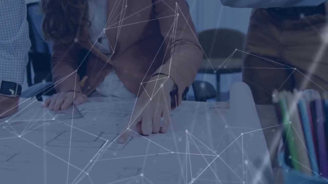 코카시안 디자이너들이 이야기하고 일하는 중간 부분에 대한 연결의 애니메이션