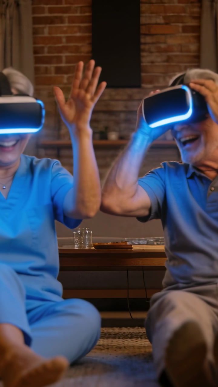 Vertical video: Laughing seniors reacting to VR cues at home, adjusting blue headsets, in scrubs
