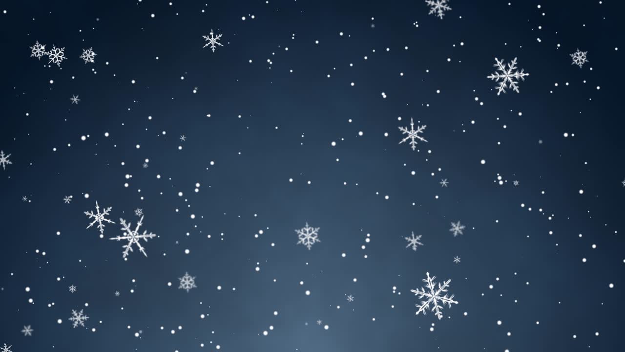 Hvit konfetti, snøflak og bokeh-lys på blå julebakgrunn