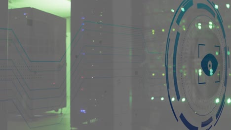 animación del escáner redondo de la retina del ojo y las conexiones del microprocesador contra la sala de servidores de computadora