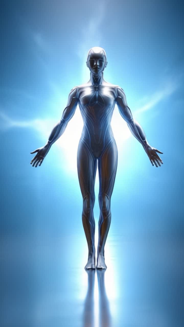 Een stralend, futuristisch mensachtig figuur staat zelfverzekerd met uitgestrekte armen, omringd door etherische energie, wat de samensmelting van technologie en mensheid vertegenwoordigt.