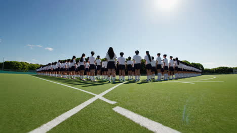 students in uniforms standing in formation on a sports field