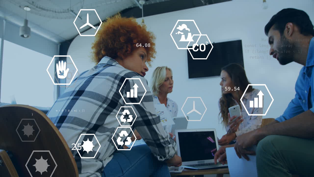 Animation of eco icons and data processing over diverse business people in office