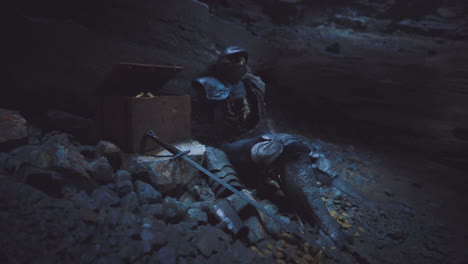mysterious knight resting in a dark cave with treasure chest nearby