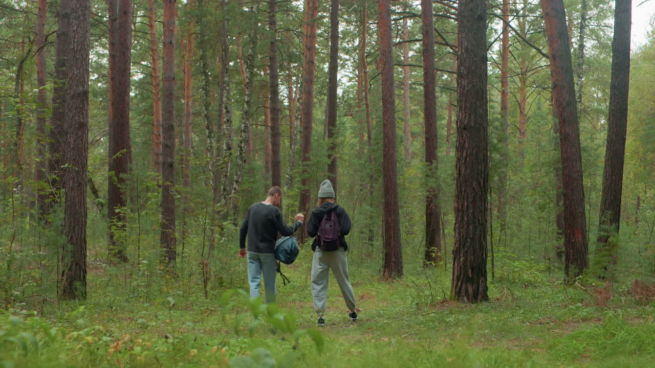 Couple walking through lush green forest trail as they drop their bags while pausing on journey, surrounded by tall trees, serene atmosphere, and natural woodland