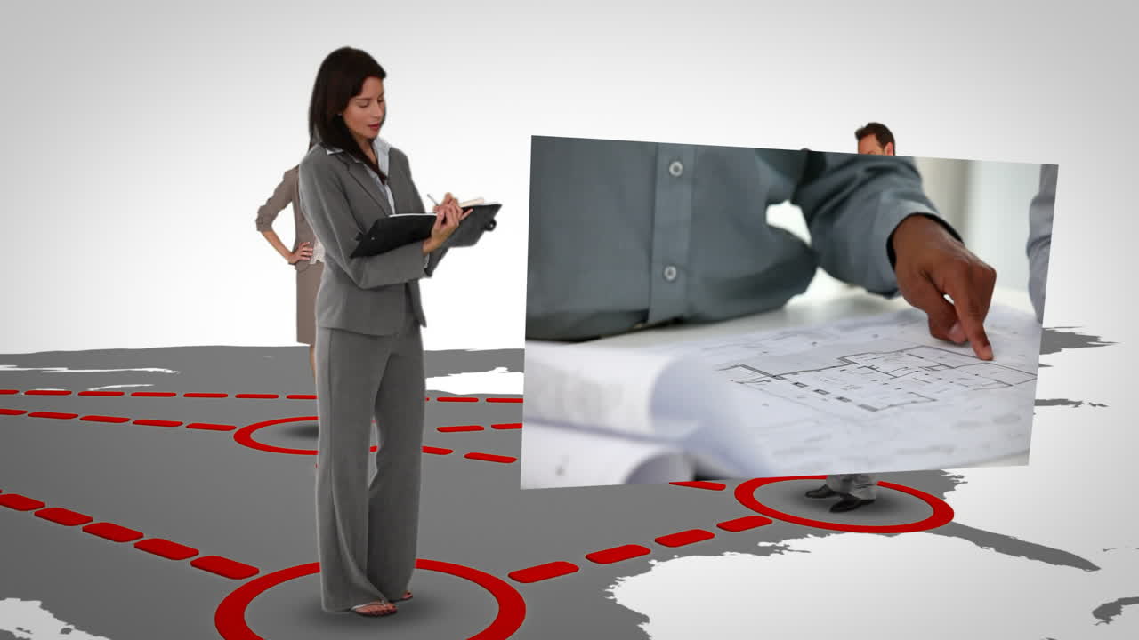 비즈니스 행동의 비디오를 표시하는 애니메이션 지도