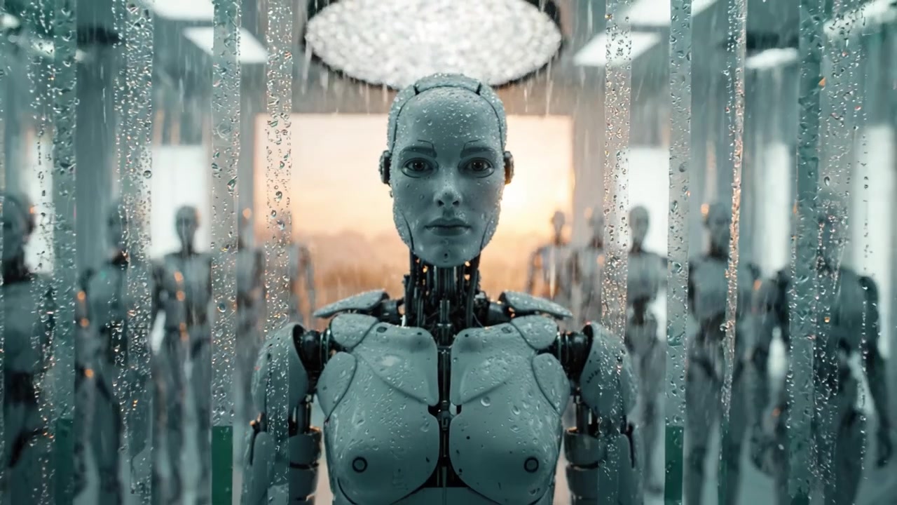 Un'affascinante rappresentazione di un robot umanoide in un ambiente futuristico, che mostra dettagli intricati del suo design su uno sfondo di goccioline d'acqua scintillanti.