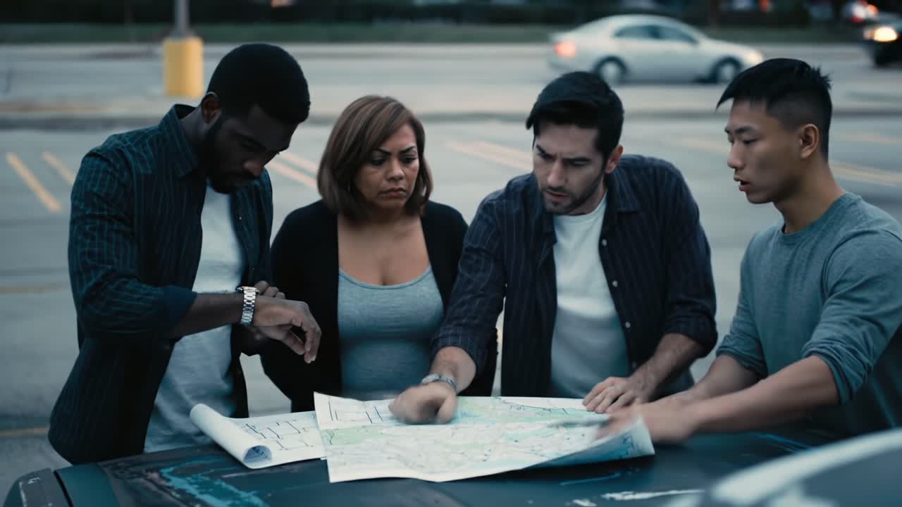 A Group of Friends Analyzing a Map Together in an Urban Setting, Demonstrating Teamwork and Collaboration in Planning Their Next Adventure