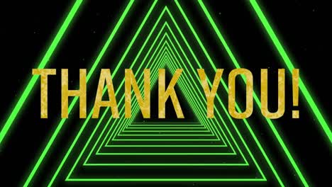 Animation-of-thank-you-text-in-yellow-letters-over-green-glowing-triangles