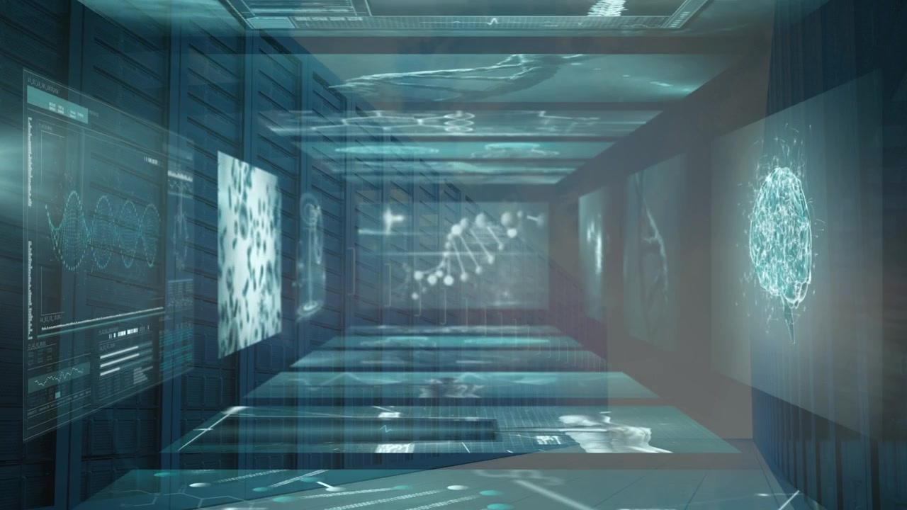 Futuristic Data Center with Holographic Medical and Scientific Projections