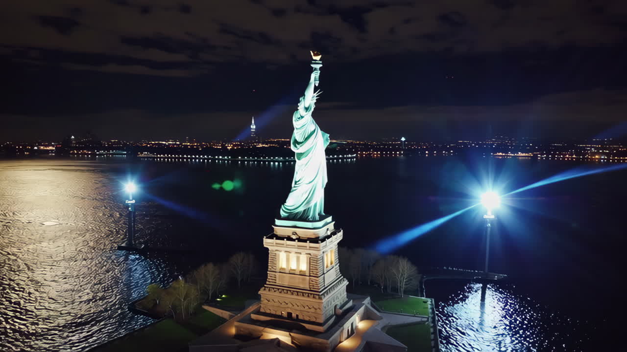 Statue of Liberty at Night - Aerial View
