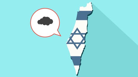 animation of a long shadow israel map with its flag and a comic balloon with a cloud