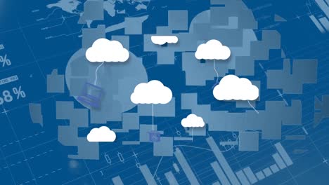 Animation-Von-Wolken-Mit-Symbolen-über-Diagramm-Und-Datenverarbeitung