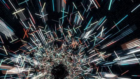 abstract background with flying neon glowing stripes, seamless loop. animation. moving through 3d space tunnel on black background.