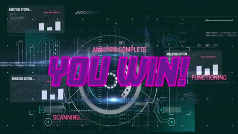 animation of you win text and data processing on black background