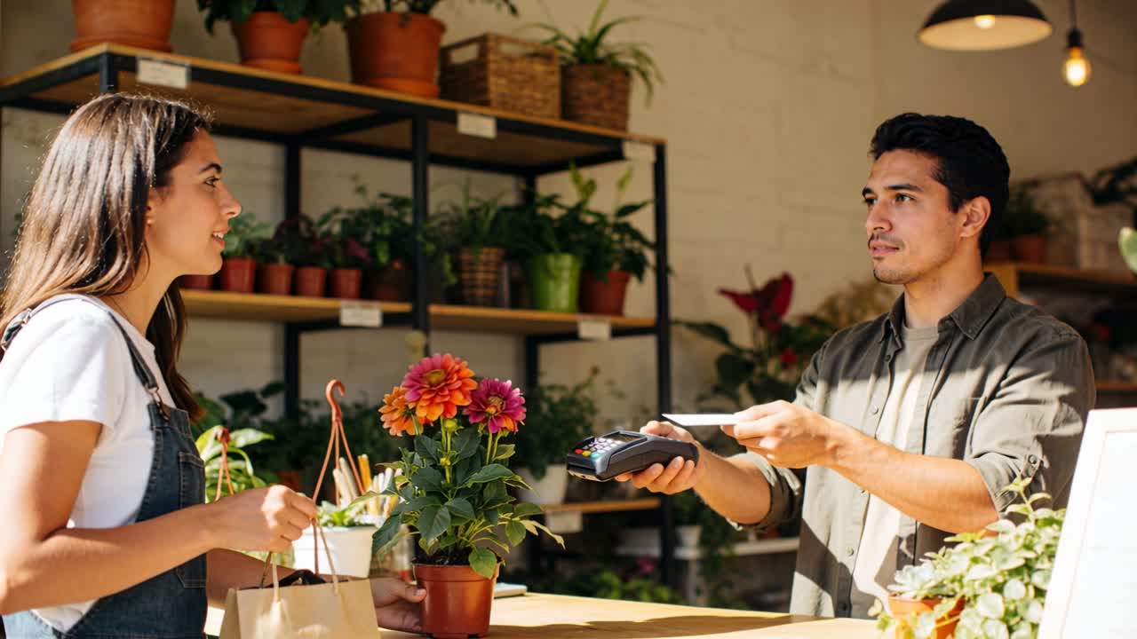 Video vertical: Cliente con mono se acerca al dependiente que toma la tarjeta para una planta en maceta en la caja.