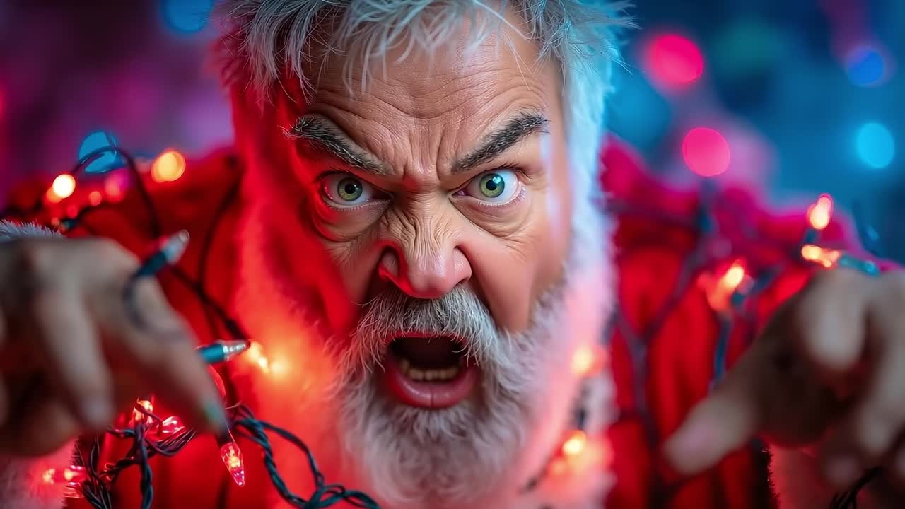 A man with a white beard and green eyes holding a string of lights