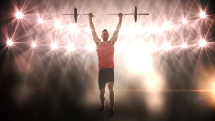 Young man lifting up barbell