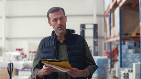 adult caucasian man walking with documents in warehouse.