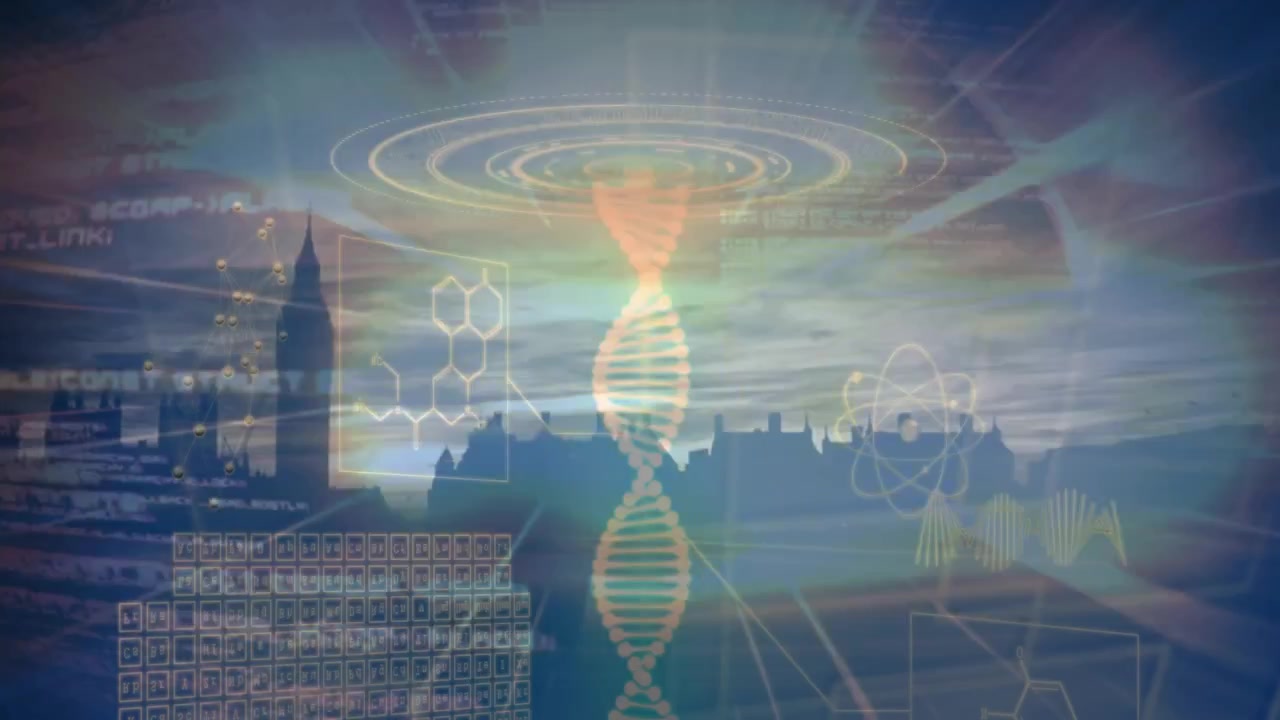Animation of data processing and light trails with dna strand over cityscape